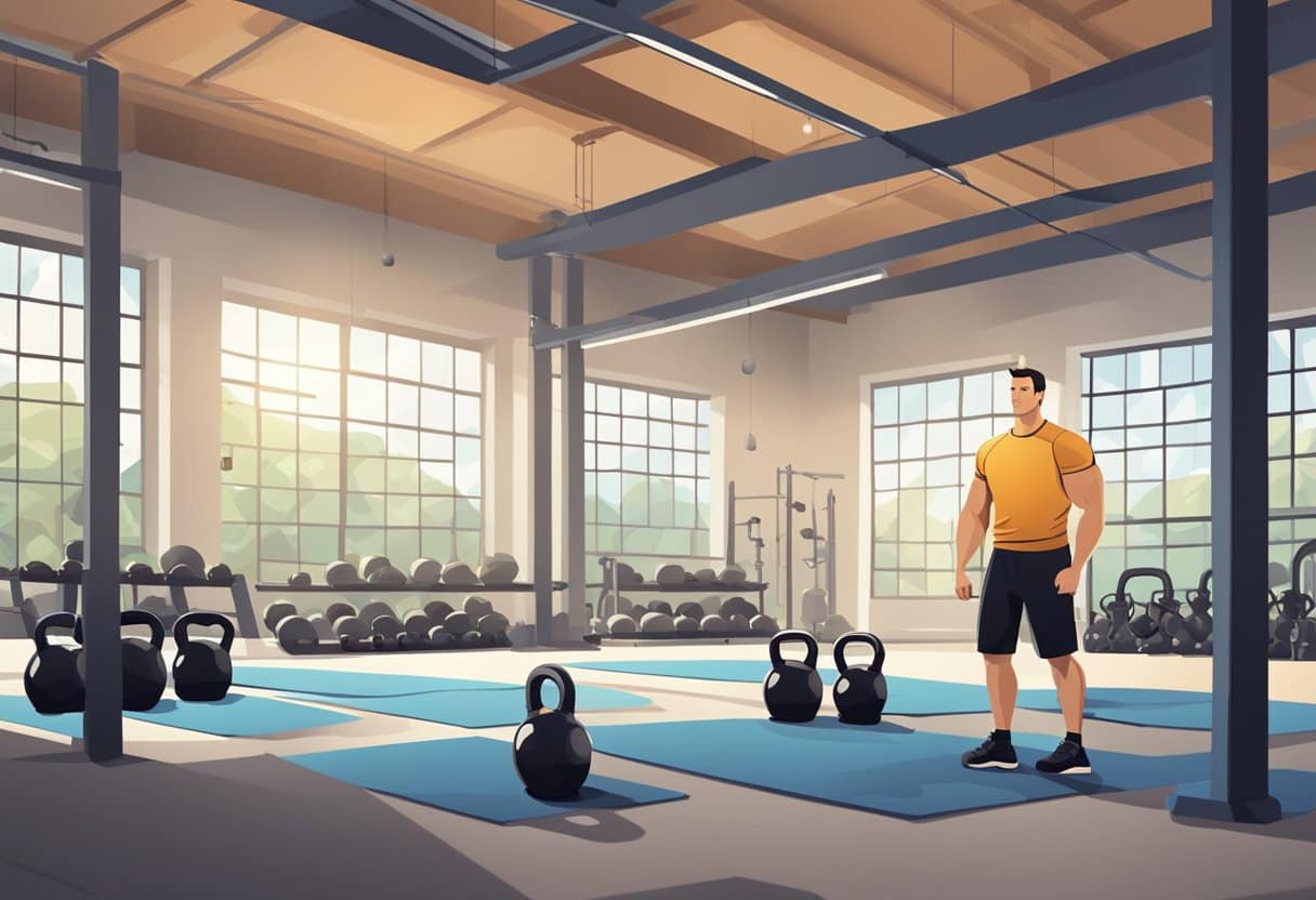 A beginner stands in a spacious, well-lit gym, surrounded by various kettlebell weights. Safety tips and common mistakes are displayed on a nearby poster