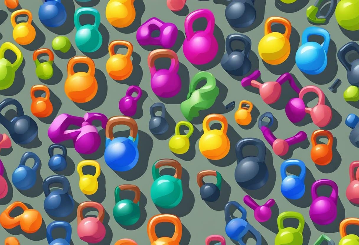 A variety of kettlebells in different sizes and colors arranged on a gym floor, with a workout mat and water bottle nearby