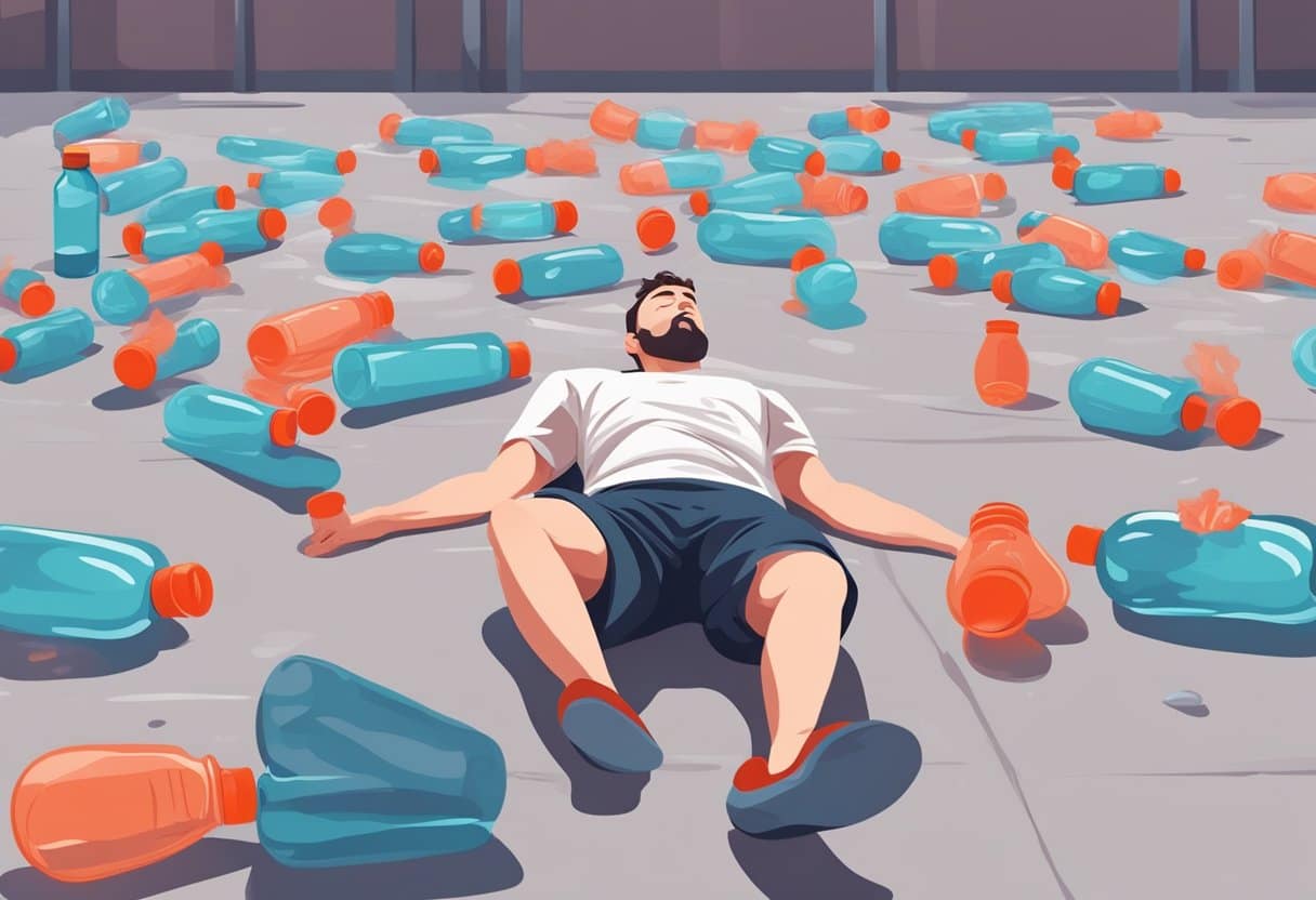 A person lying on the ground, flushed and sweating heavily, with a red face and shallow breathing, surrounded by empty water bottles and a deserted exercise area