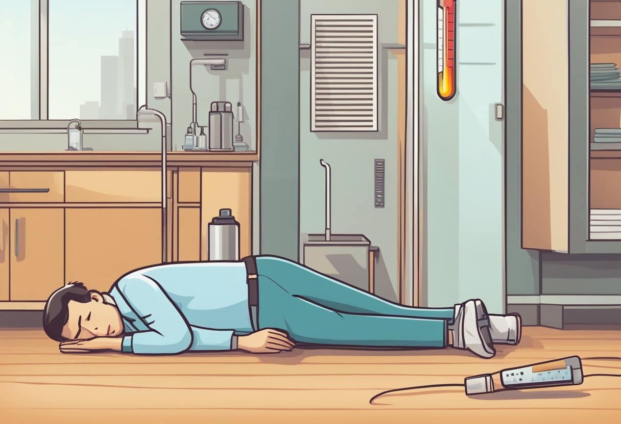 A person collapsed on the ground, flushed and sweating profusely, with a rapid heartbeat and shallow breathing. Nearby, a thermometer shows a high temperature, and the person appears confused and disoriented