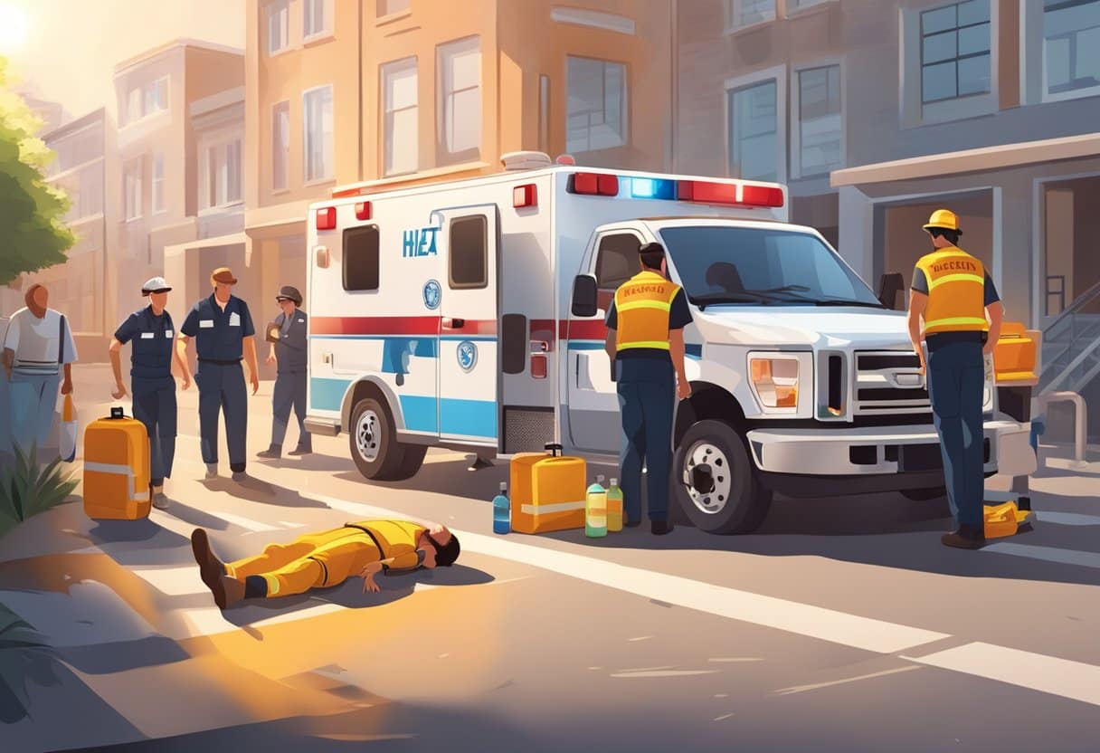 Emergency responders treating a person with heat exhaustion. Ambulance nearby. Water bottles and medical equipment scattered. Sun beating down