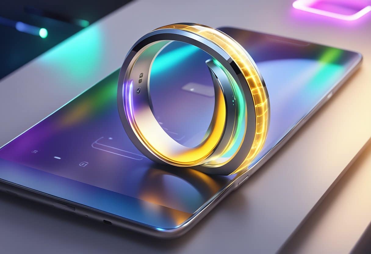A smart ring on a table, glowing with a soft light, surrounded by futuristic technology
