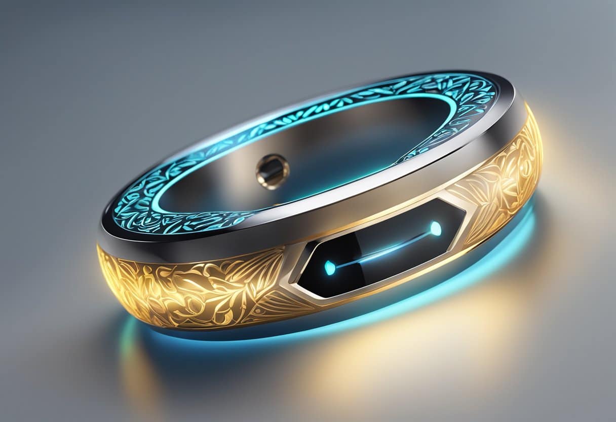A smart ring sits on a sleek surface, glowing with a soft light. It is adorned with intricate patterns and embedded with small, advanced technology