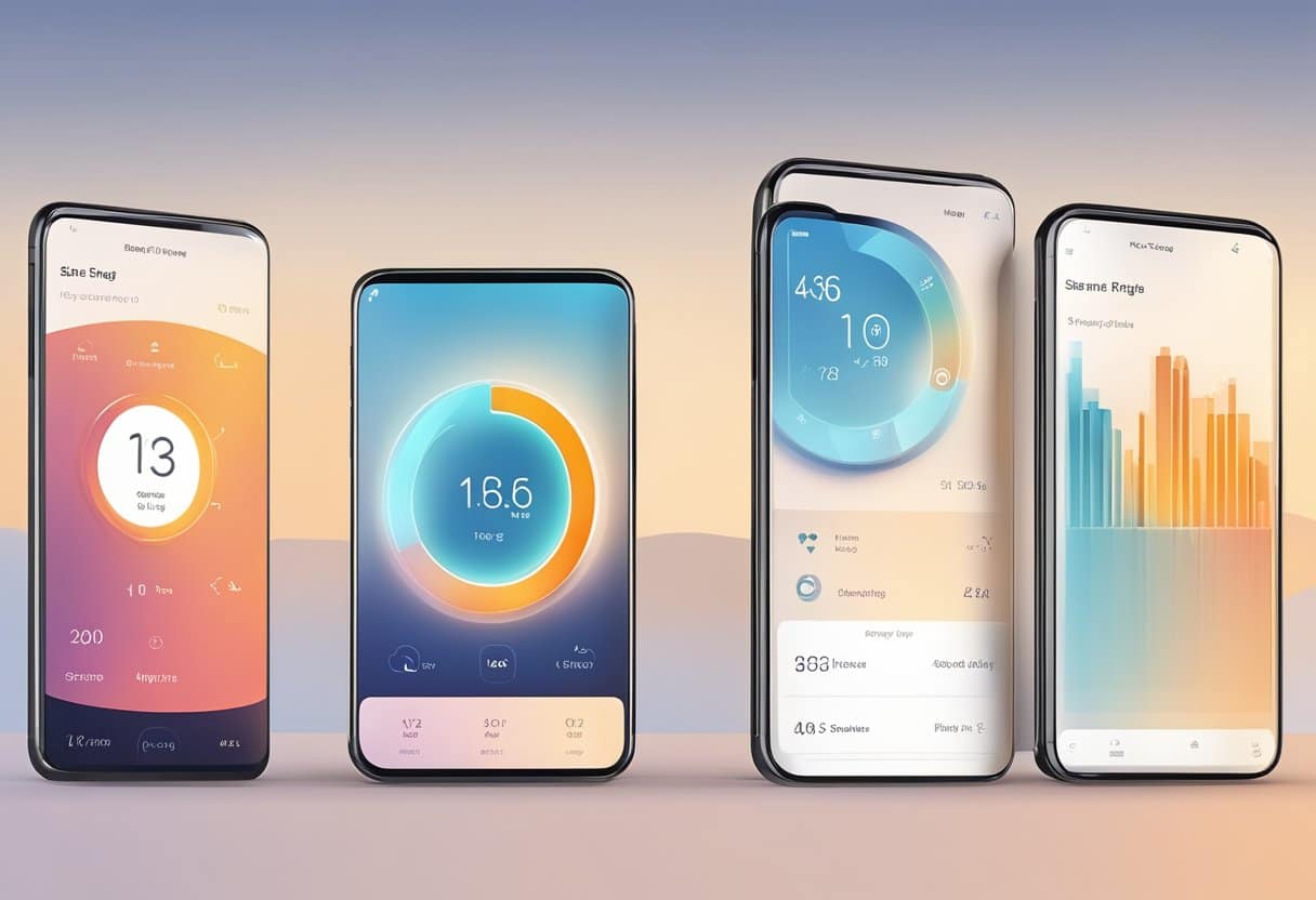 A smart ring displays steps, heart rate, and sleep data on a phone app. The ring is sleek and modern, with a small display screen and comfortable fit