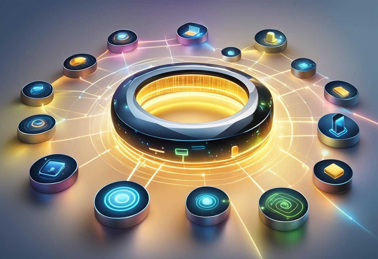 A smart ring glowing with data streams, linking to various devices and networks, symbolizing connectivity and integration