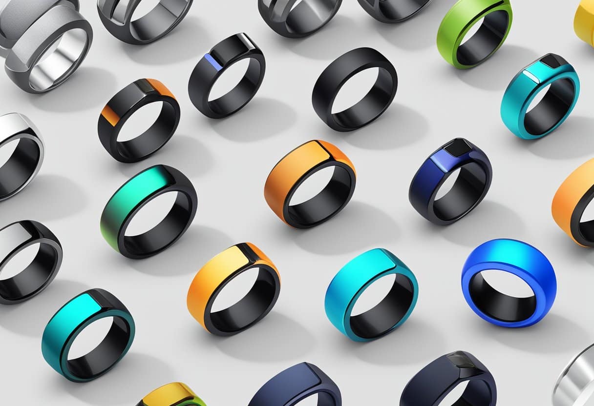A smart ring displayed in a modern market setting, surrounded by various consumer options
