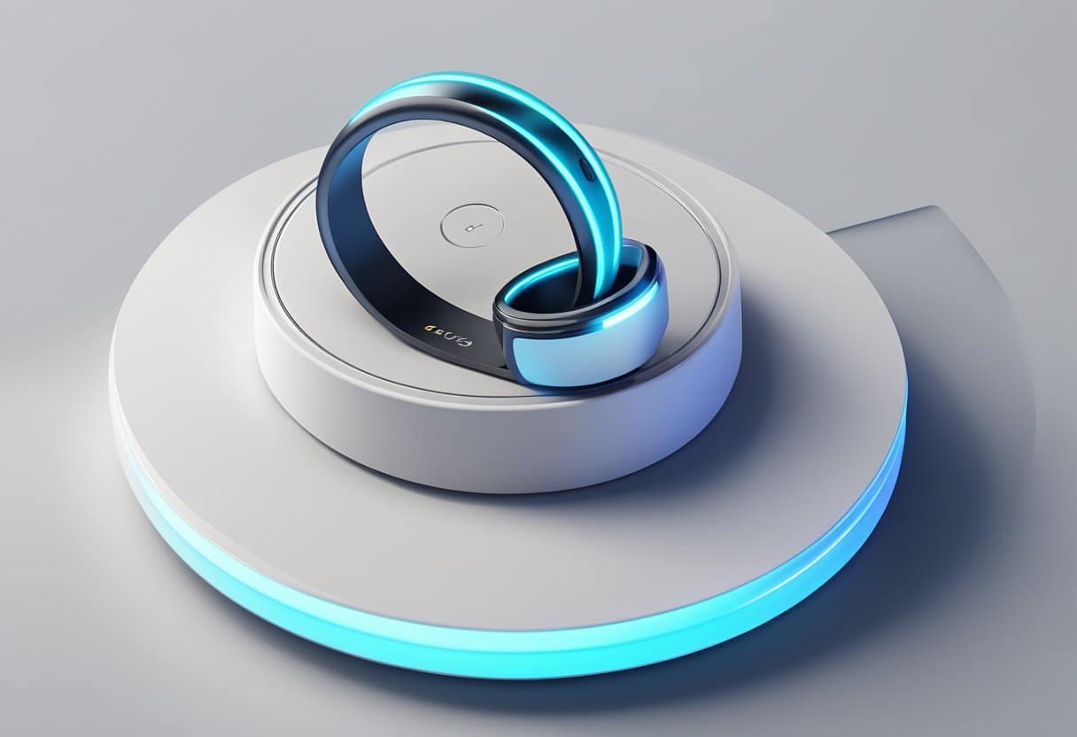 A smart ring resting on a sleek, modern charging dock, surrounded by various electronic devices and a smartphone displaying a user-friendly app interface