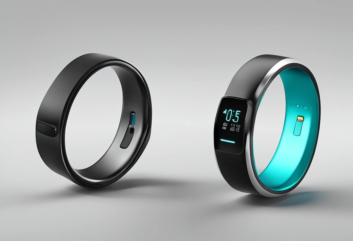 A smart ring with sensors and a sleek design, displaying health data on a smartphone app