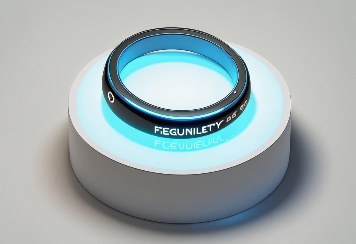 A smart ring displayed on a pedestal with a spotlight shining down, surrounded by question marks and a bold "Frequently Asked Questions" text