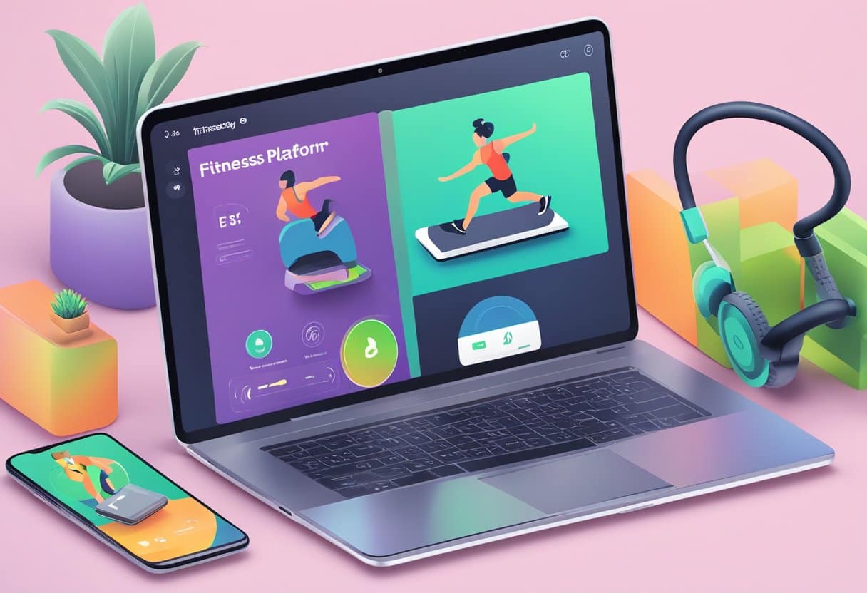A laptop displaying an online fitness platform with various workout options. A smartphone with accessibility features next to it
