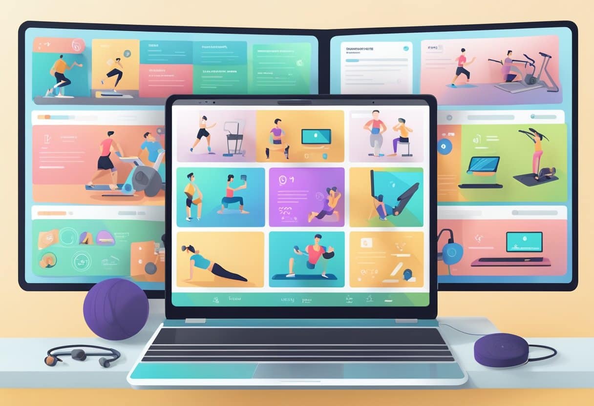 A split-screen showing a laptop with various online fitness programs and a gym with diverse workout equipment