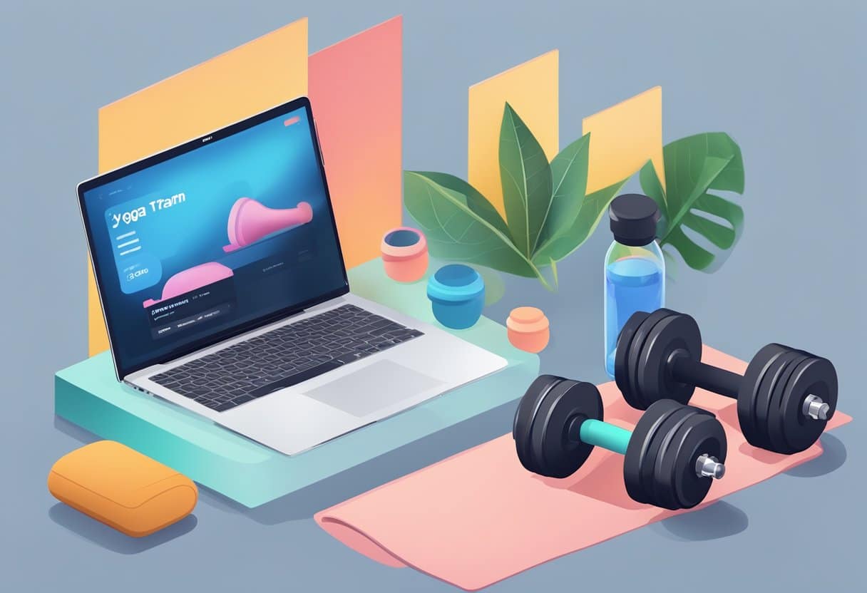 A laptop displaying a personalized fitness program next to a set of dumbbells and a yoga mat, with a virtual trainer on the screen