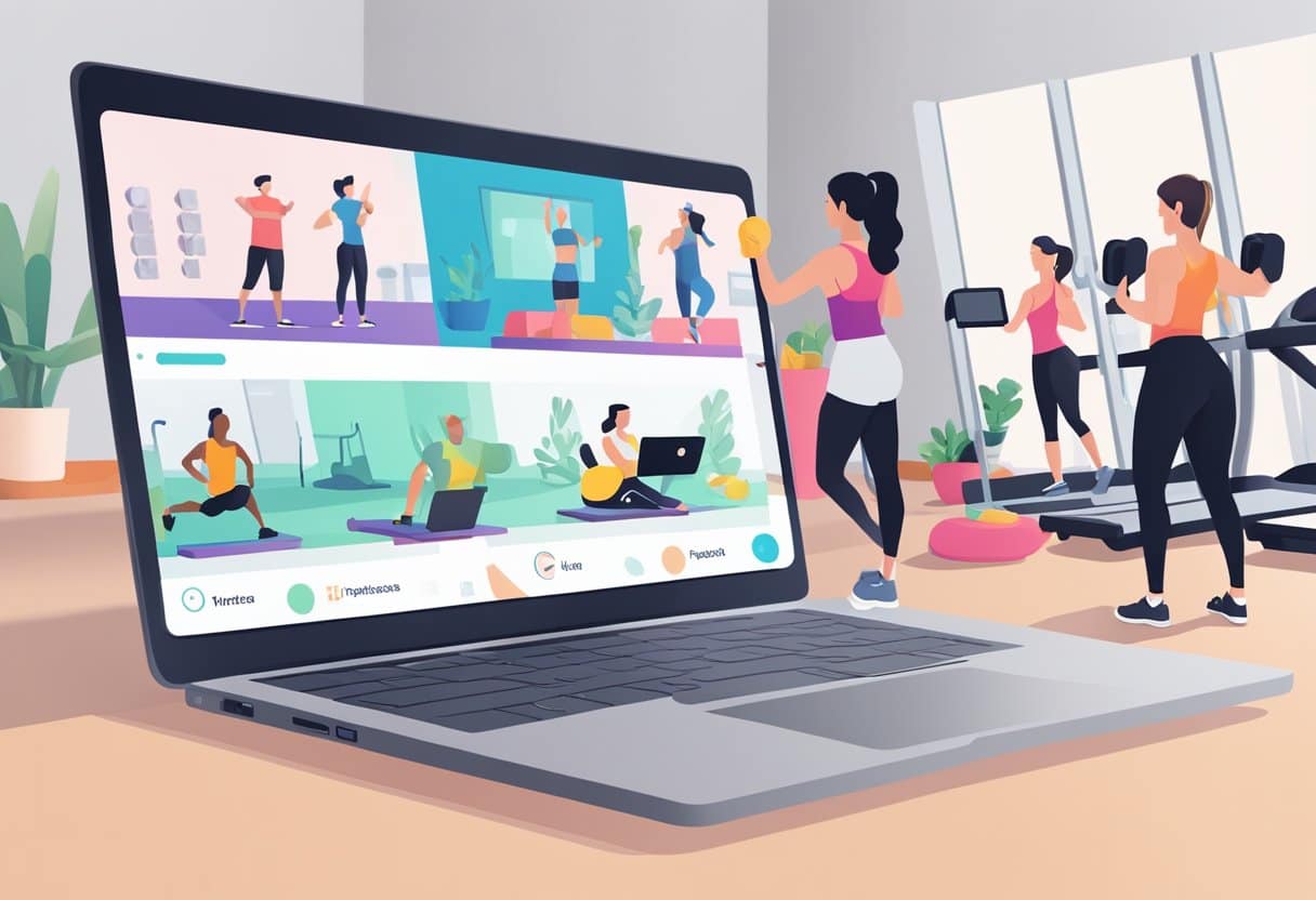 A laptop displaying a virtual fitness class, next to a gym with people working out in person