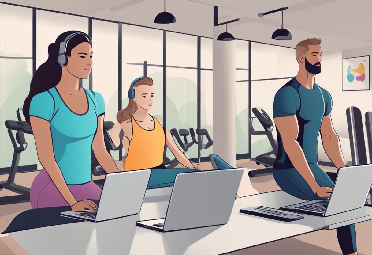 Two figures side by side: a laptop with a fitness training website open, and a gym with a personal trainer leading a workout session