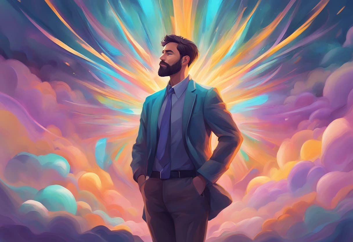 A figure stands tall, breathing deeply with a relaxed posture, surrounded by vibrant energy and a sense of overall well-being