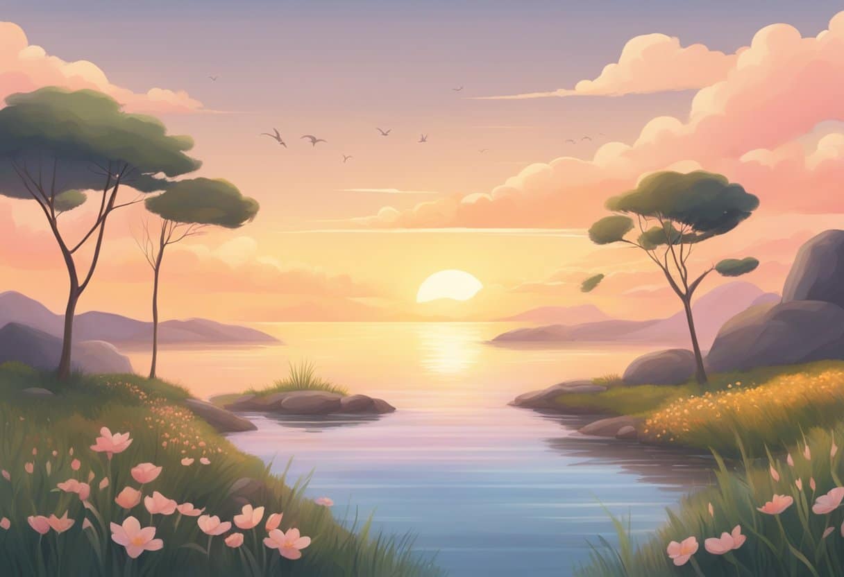 A serene, peaceful landscape with soft, warm colors. A feeling of relief and relaxation emanates from the scene