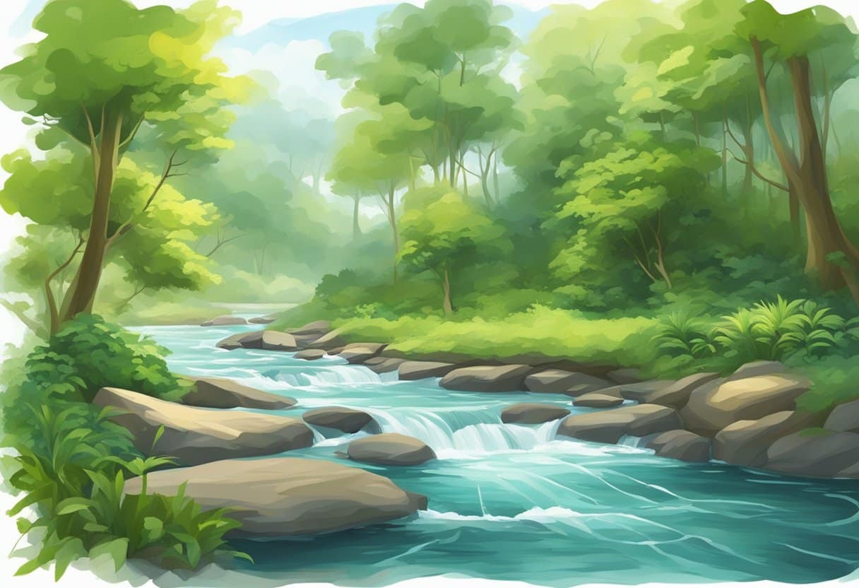 A serene landscape with flowing water and lush greenery, evoking a sense of calm and relaxation