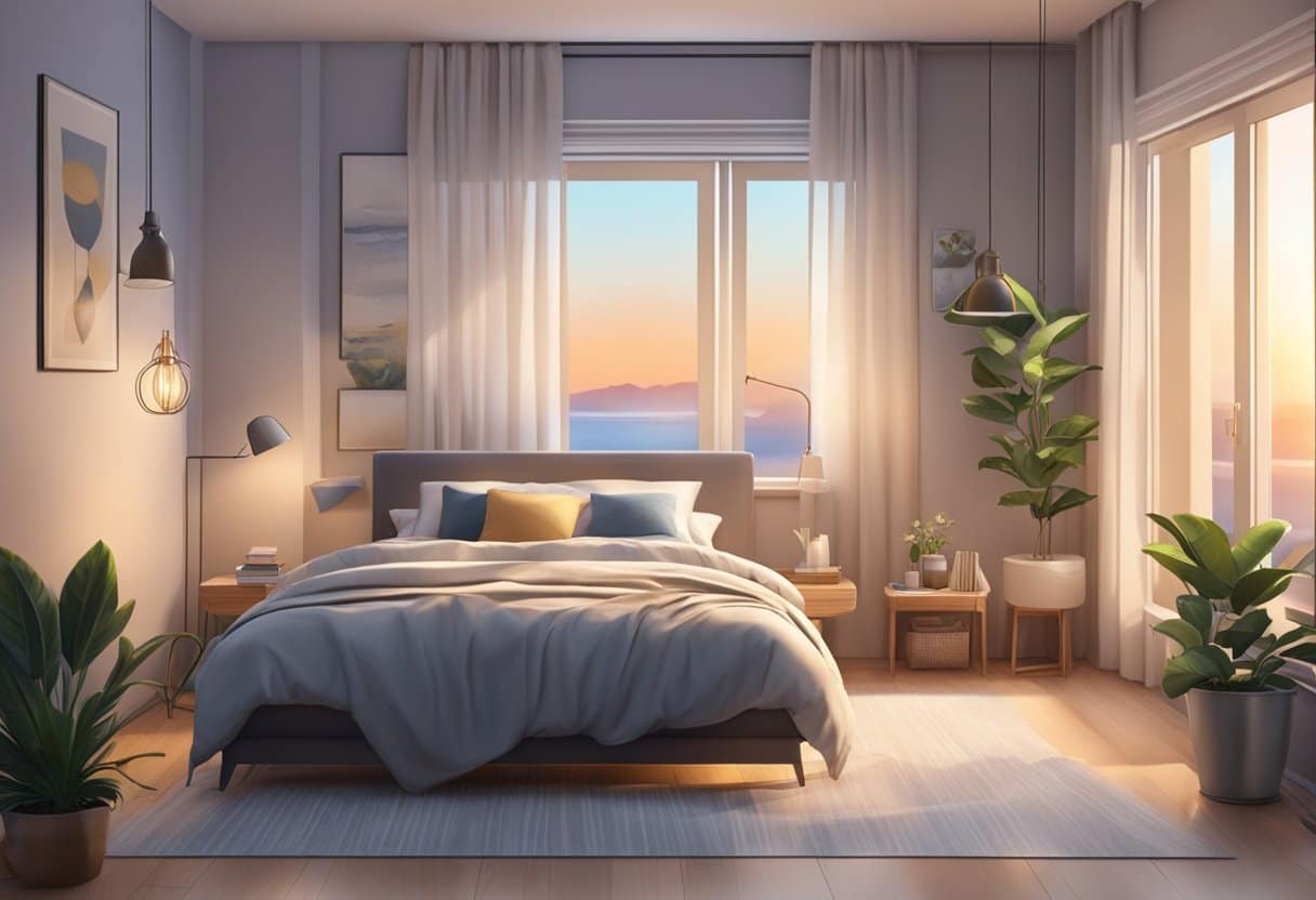 A peaceful bedroom with a cozy bed, soft lighting, and a serene atmosphere. A sense of relaxation and contentment fills the air, promoting improved sleep health