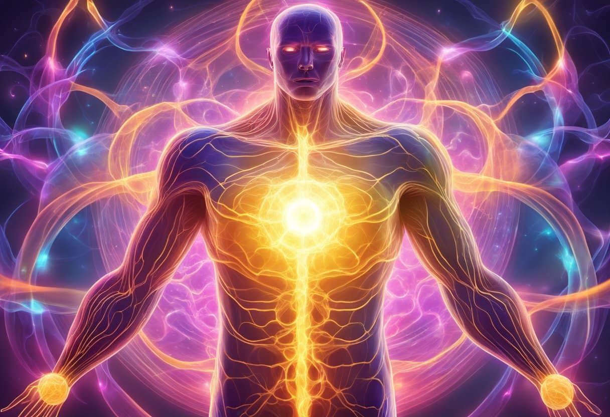 A glowing immune system surrounded by vibrant energy waves