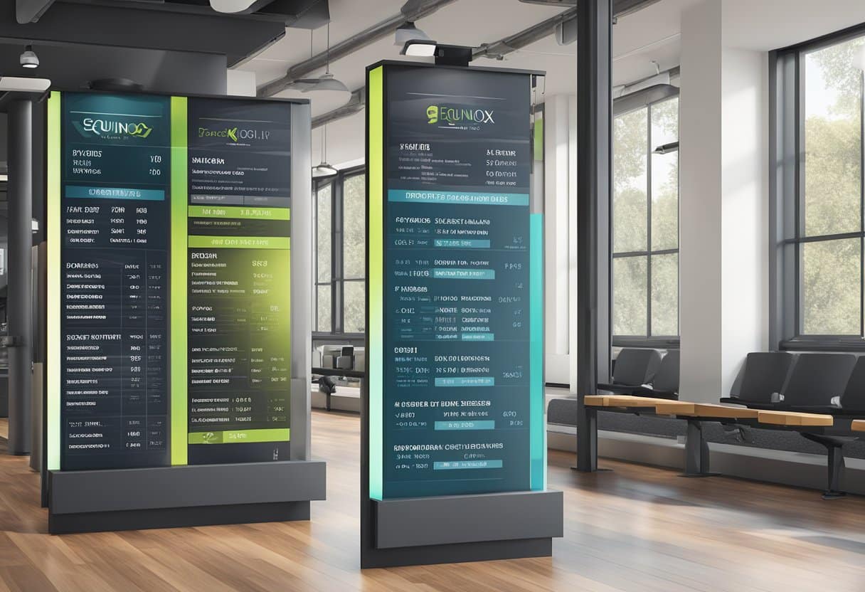 A price list displayed on a sleek, modern sign at Equinox gym, with bold, clear lettering and professional branding