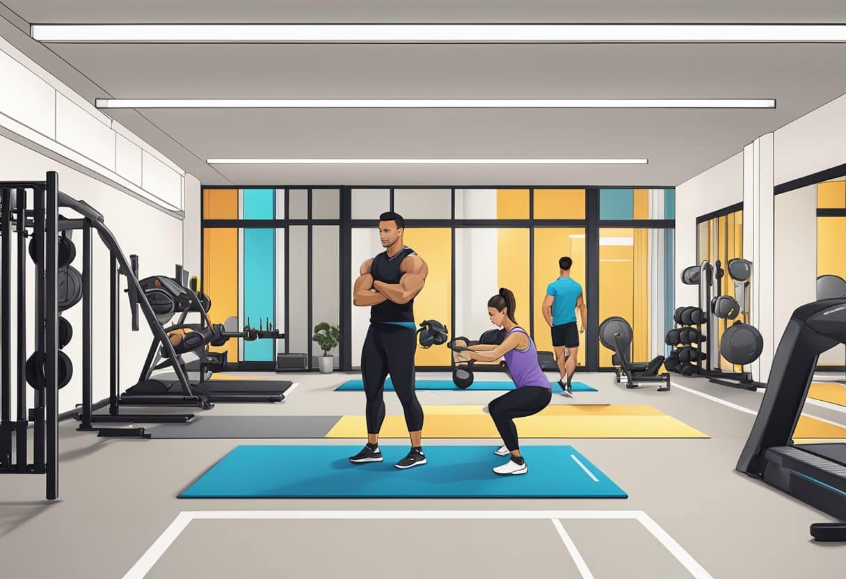 A bright, modern gym with sleek equipment and a professional trainer assisting a client. The Equinox logo is prominently displayed