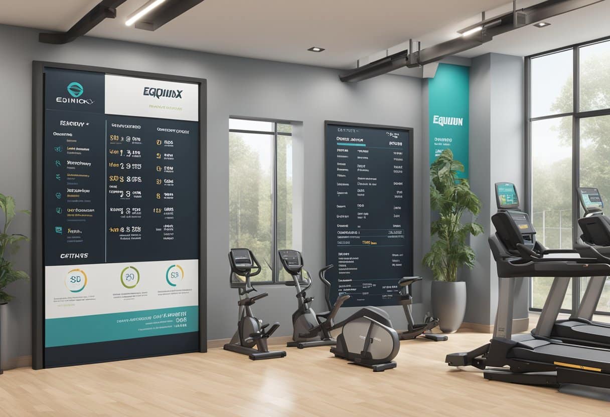 Equinox logo displayed with price list and policy signage in a clean, modern gym setting