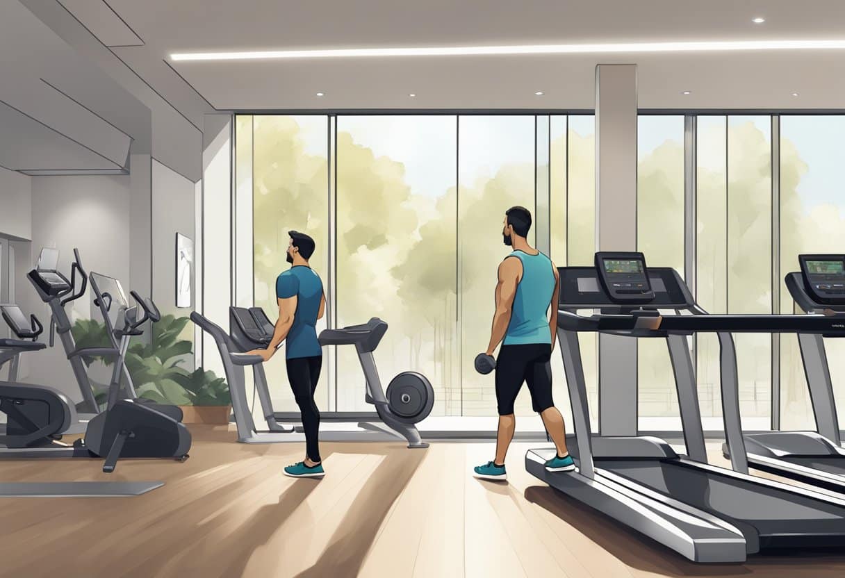 A person is seen comparing prices at Equinox gym and for in-home personal training. The gym setting is modern and sleek, with fitness equipment and a reception desk