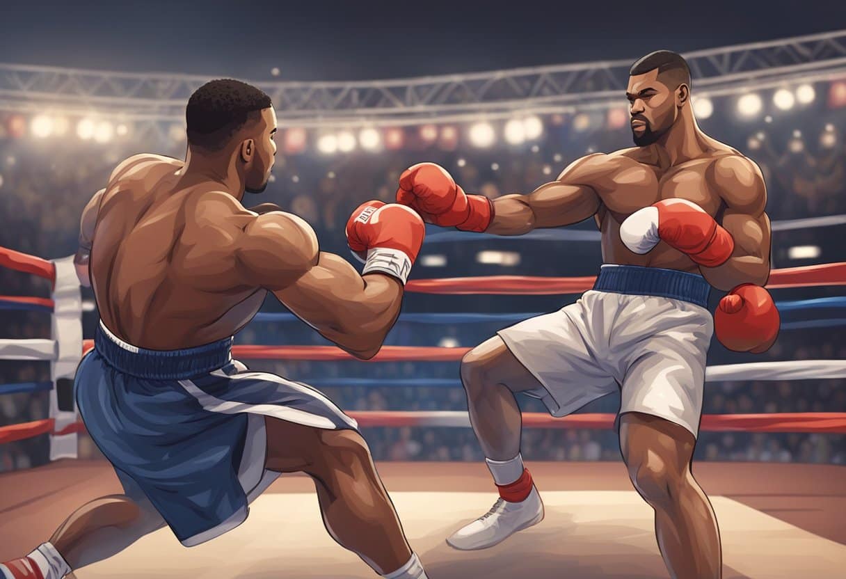 Two boxers spar in a ring, dodging and weaving. The crowd cheers as the boxers demonstrate their agility and strength