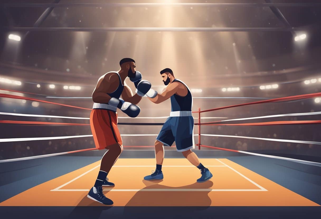 A boxing ring with equipment and a timer. A trainer and a client working on boxing drills. Sweat and determination in the air