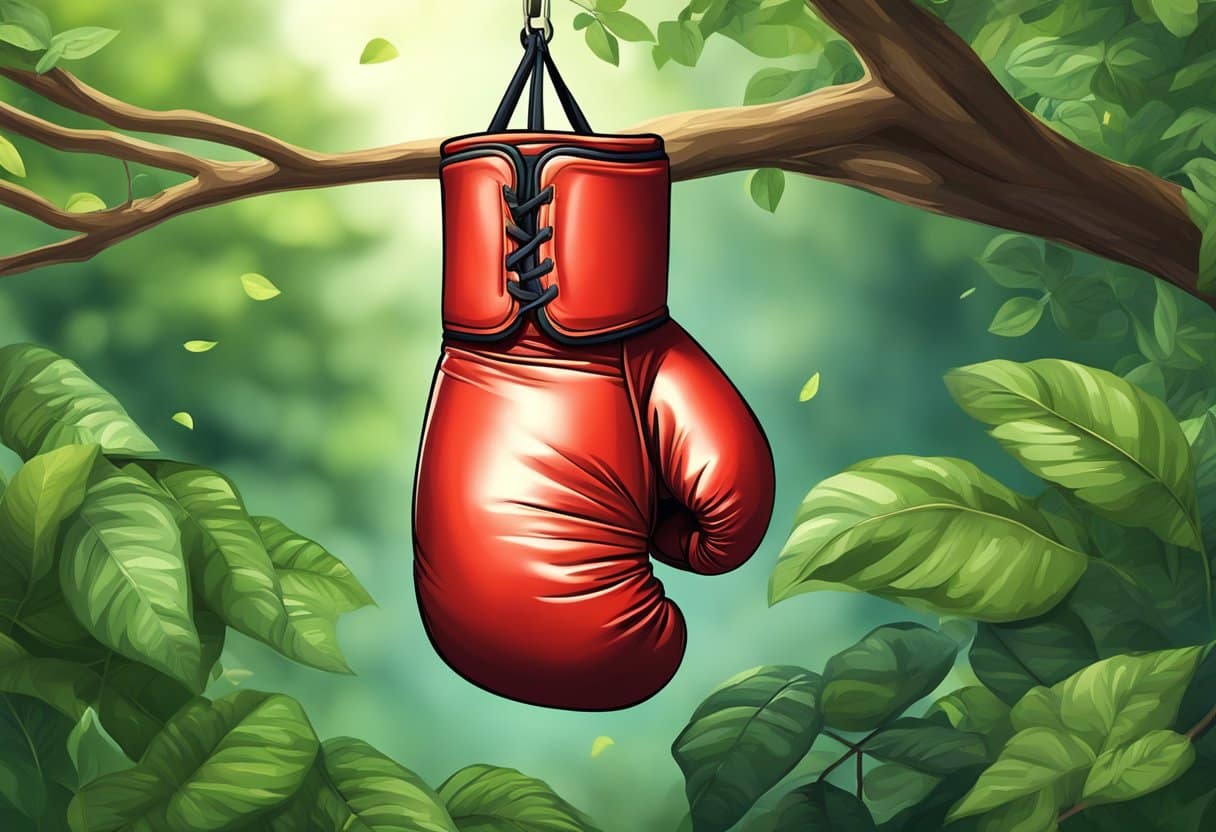 A boxing glove hangs from a tree branch, surrounded by lush greenery and a serene atmosphere, symbolizing mental well-being and the potential for weight loss through boxing