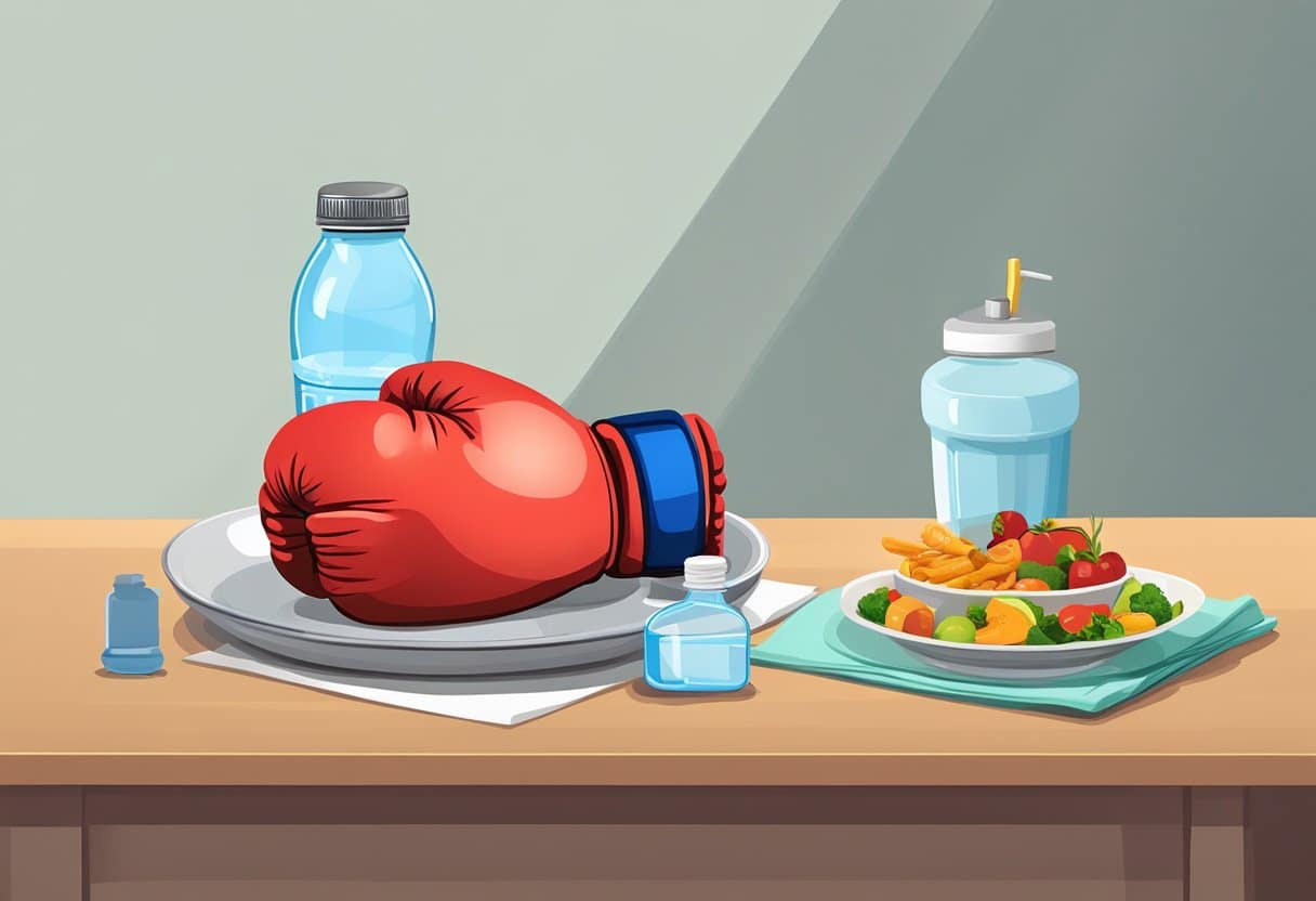 A boxing glove sits on a table next to a balanced meal and a water bottle, representing the nutrition and diet needed for supporting boxing-induced weight loss