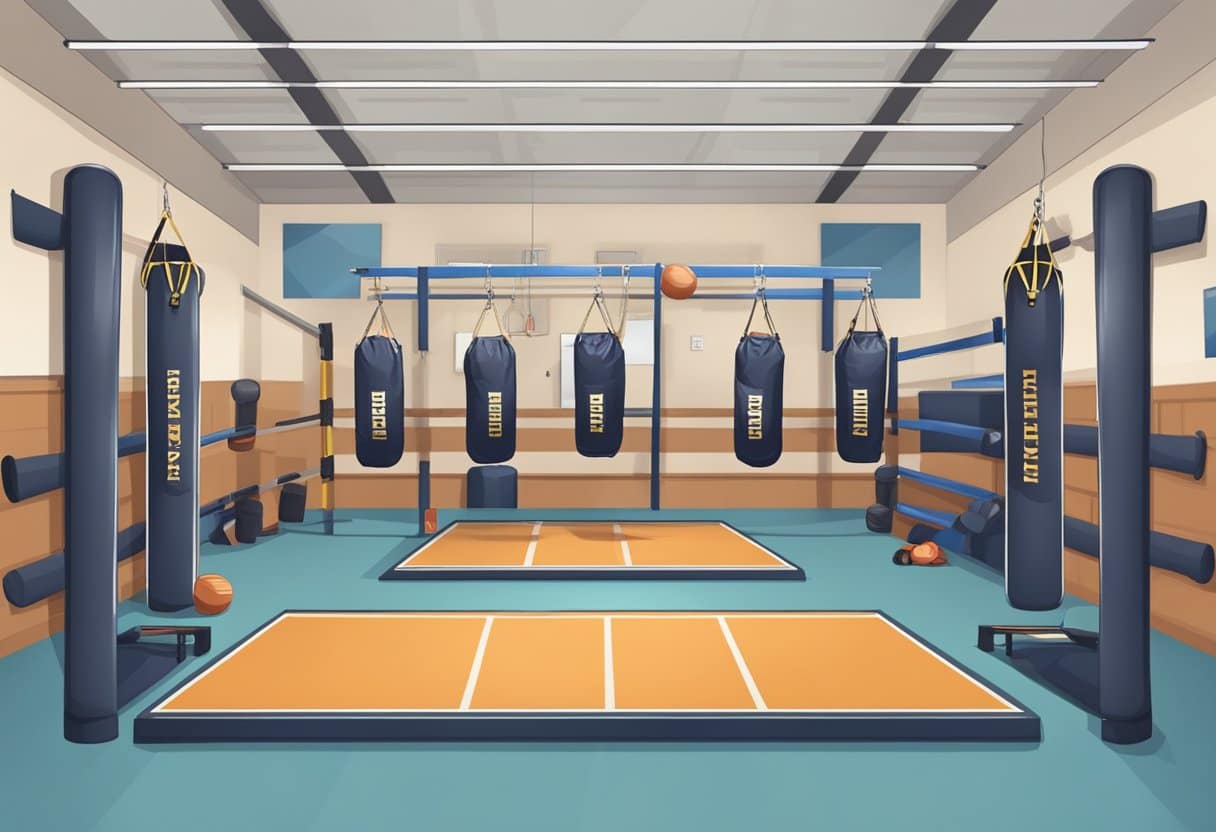 Boxing gym with safety equipment, trainers demonstrating proper technique, and posters promoting injury prevention