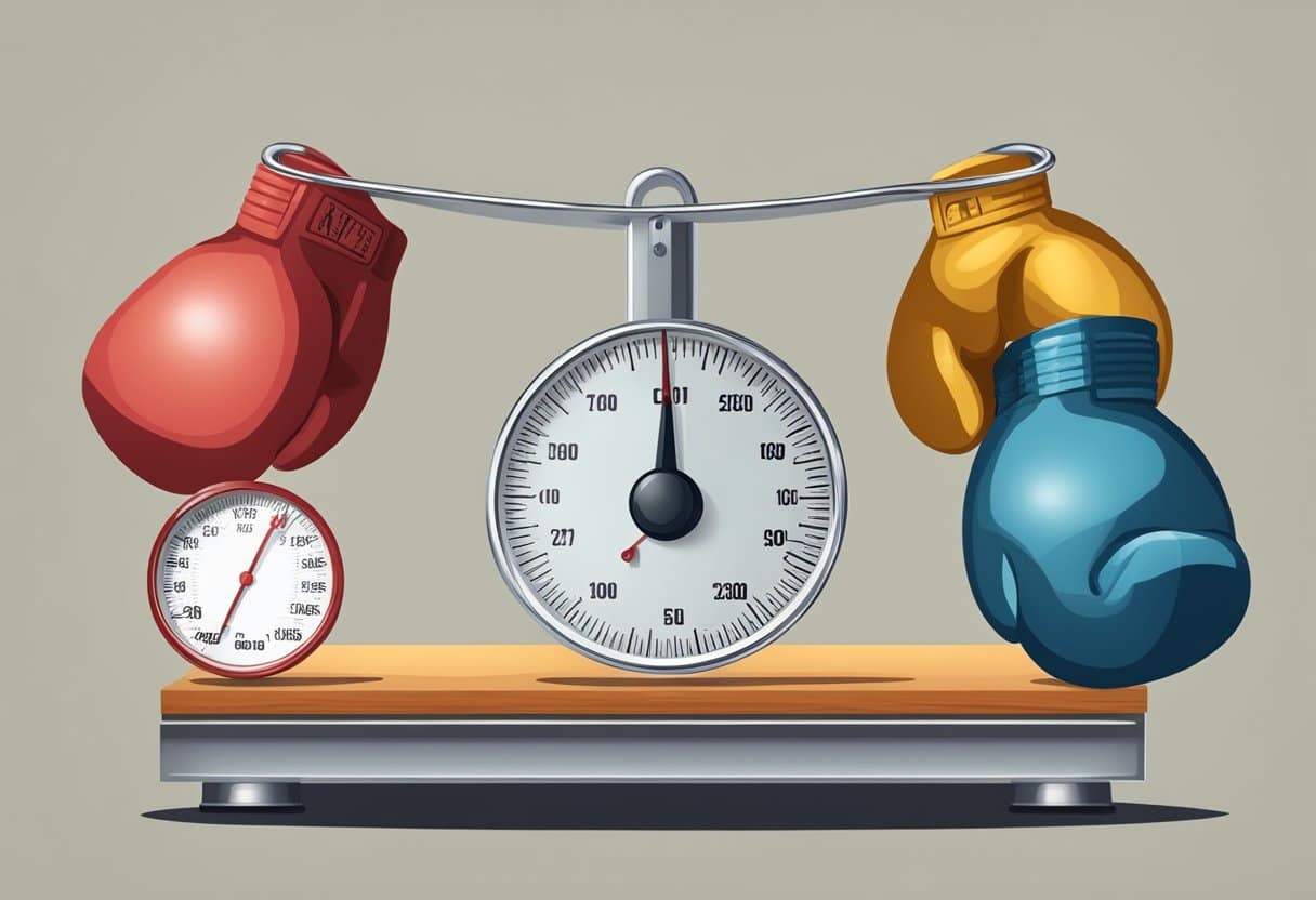 A scale next to boxing gloves, showing decreasing weight and increasing skill level
