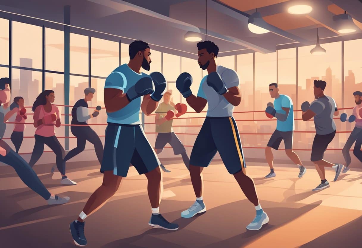 A person is boxing in a gym, surrounded by other people doing various cardio and strength activities. The atmosphere is energetic and focused