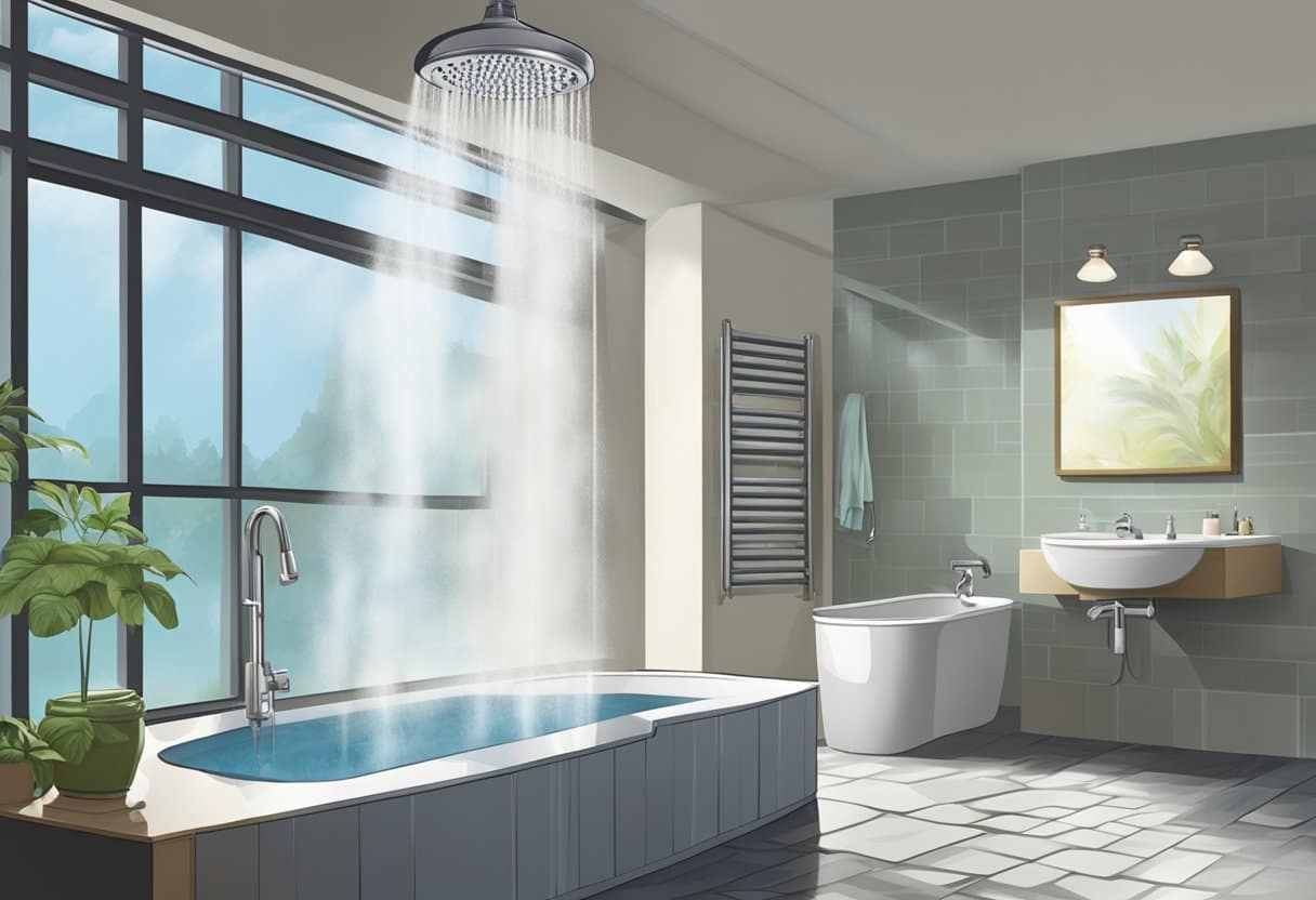 Steam rises from a shower head as water cascades down, creating a refreshing and invigorating atmosphere. A sense of rejuvenation and vitality is conveyed through the depiction of a cold shower