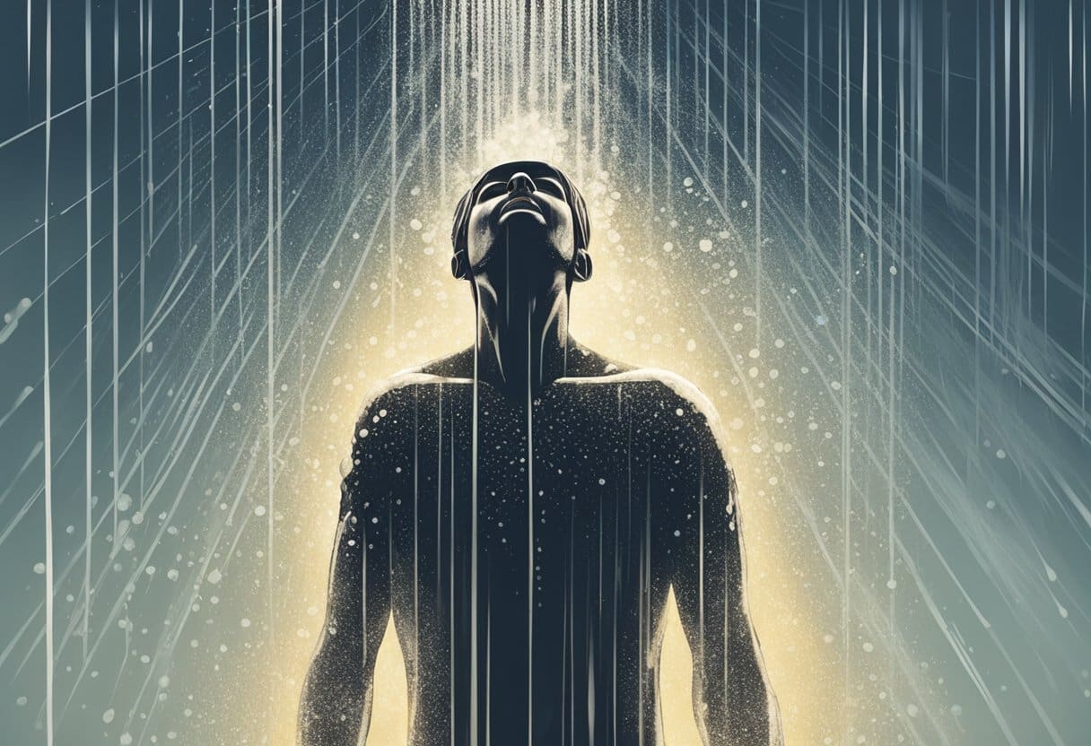 A person standing under a cold shower, water cascading down their body, with a look of invigoration and energy on their face