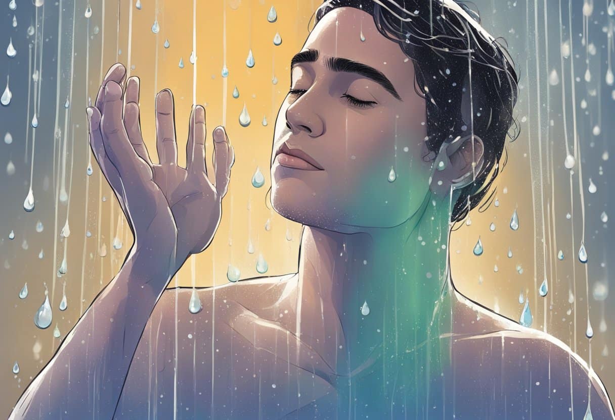 A person standing under a cold shower, water droplets bouncing off their skin, eyes wide open, alert and invigorated
