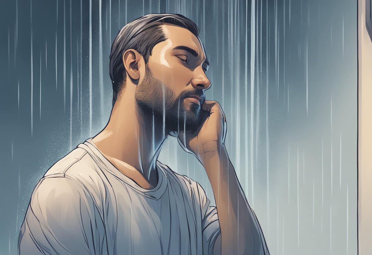 A person standing under a cold shower, steam rising, with a serene expression on their face