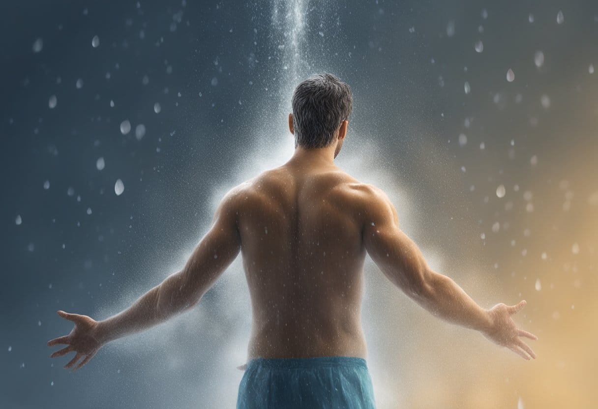 A person standing under a cold shower, water droplets bouncing off their skin, surrounded by steam, with a feeling of invigoration and increased immunity