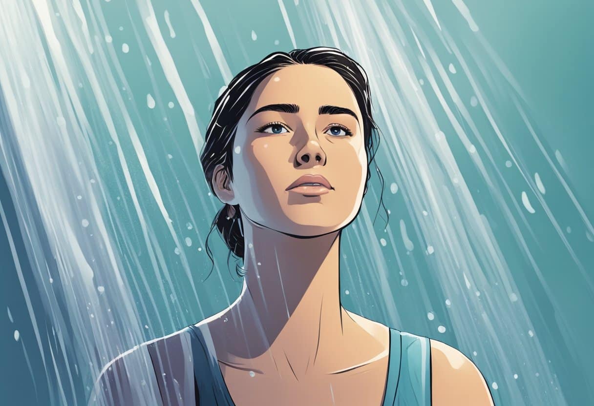 A person standing under a cold shower, eyes wide open, feeling refreshed and alert