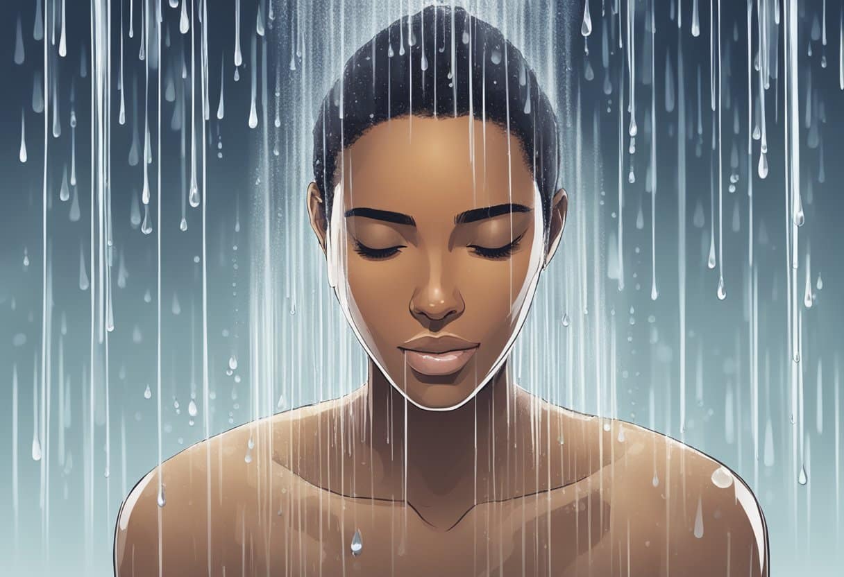 A person standing under a cold shower, water droplets cascading down their body, with a serene expression on their face
