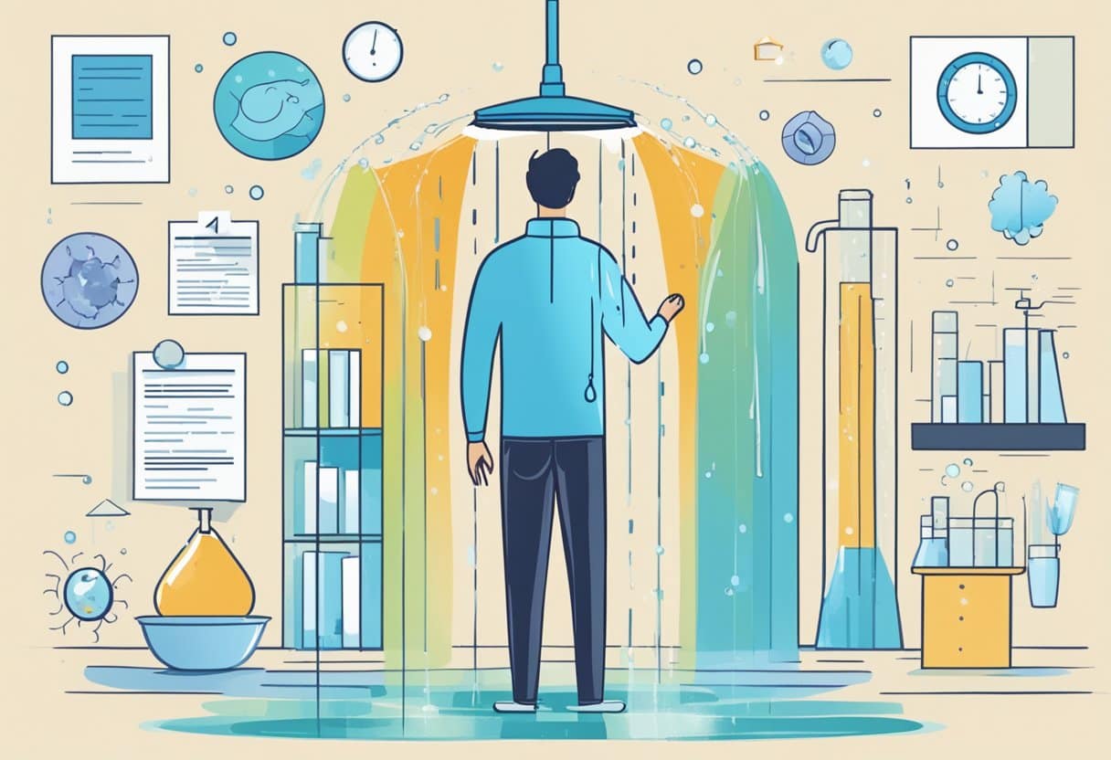 A person standing under a cold shower, surrounded by scientific research papers and graphs showing the 8 benefits of cold showers