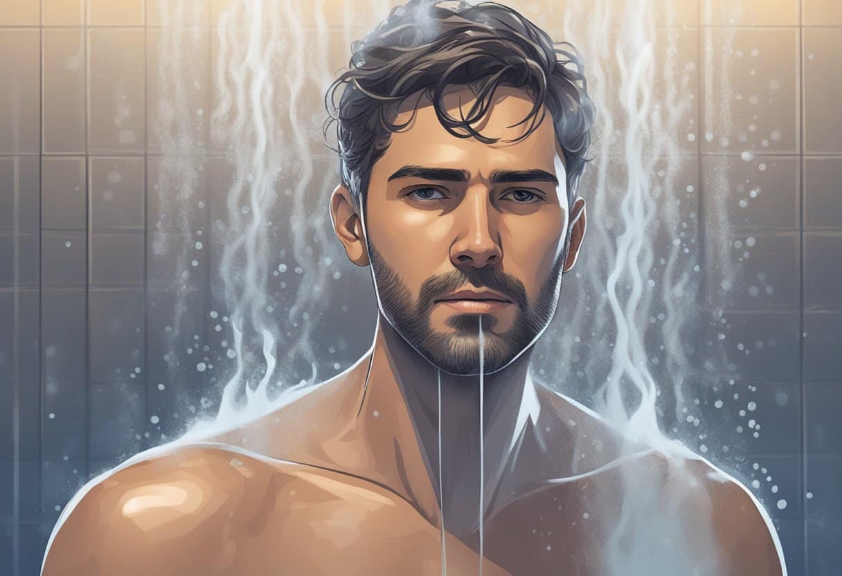 A person standing under a cold shower, steam rising, with a look of rejuvenation and vitality on their face