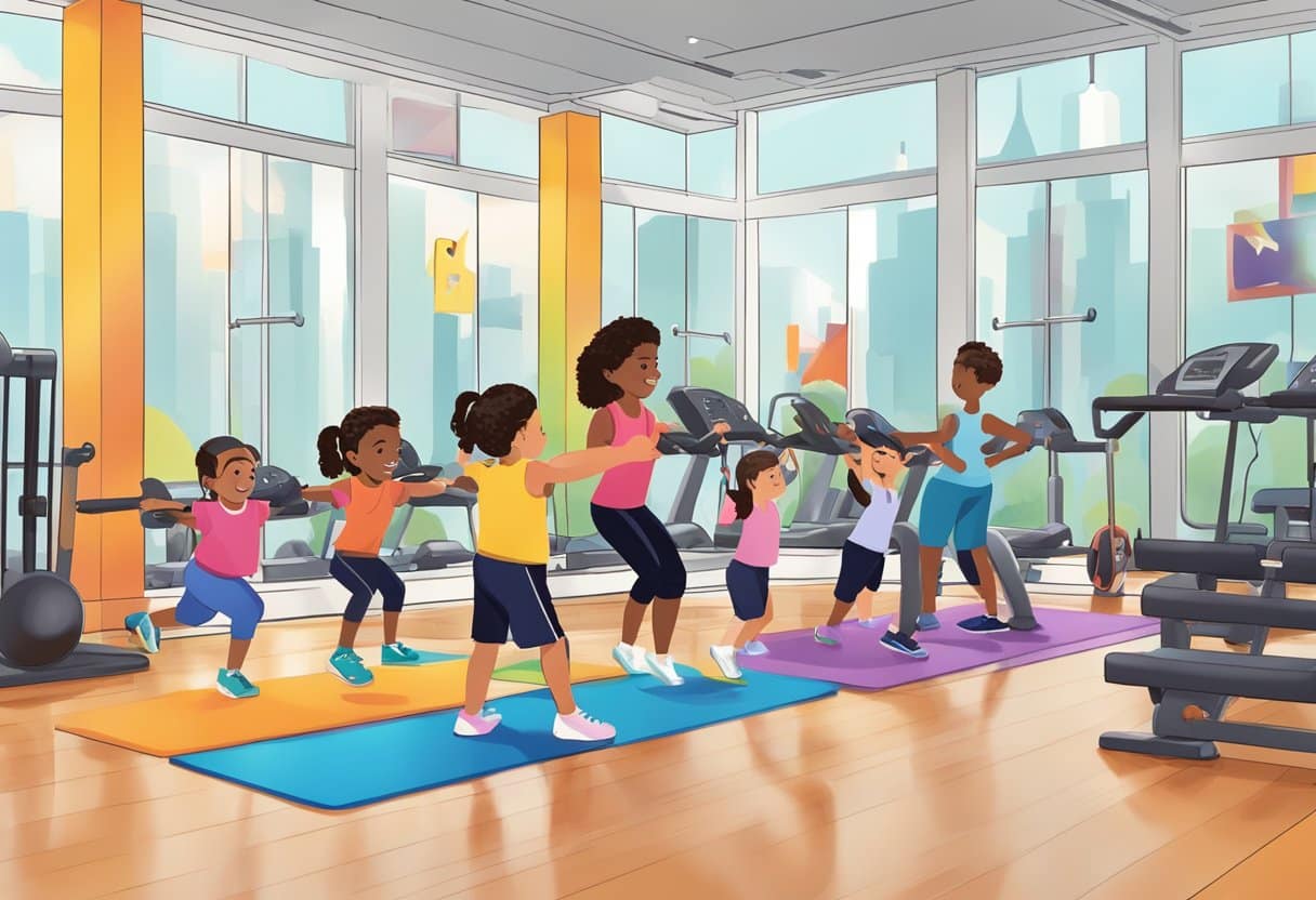 Children exercising with personal trainers in a vibrant New York City gym