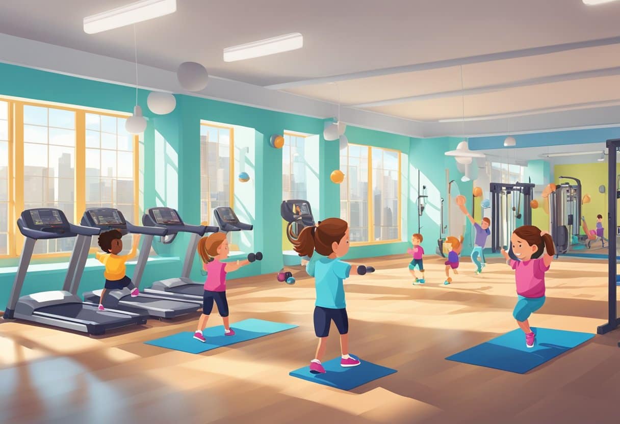 Children exercising with personal trainers in a bright, spacious gym in NYC, with colorful equipment and motivational posters on the walls