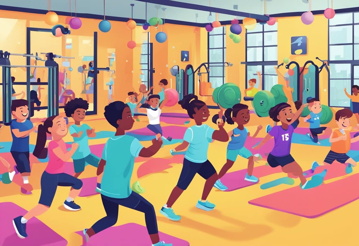 A group of kids engaging in fun and interactive exercises with personal trainers in a vibrant and energetic gym setting in NYC