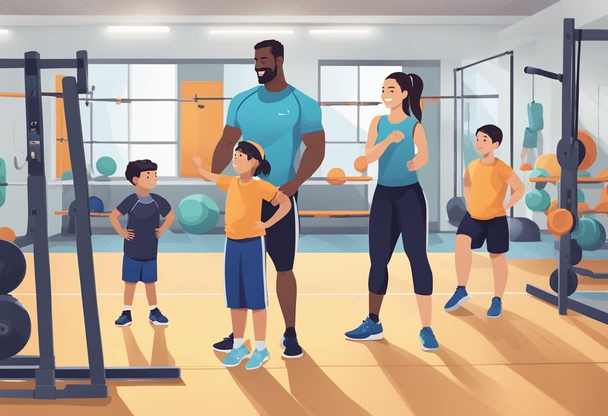 A child stands in a gym, surrounded by personal trainers in NYC. The trainers are engaging, patient, and enthusiastic as they interact with the child