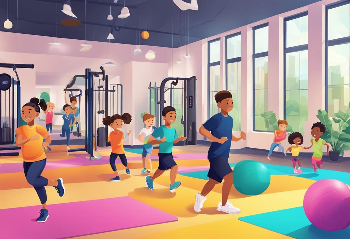 Children engaged in various fitness activities with personal trainers in a vibrant gym setting in NYC