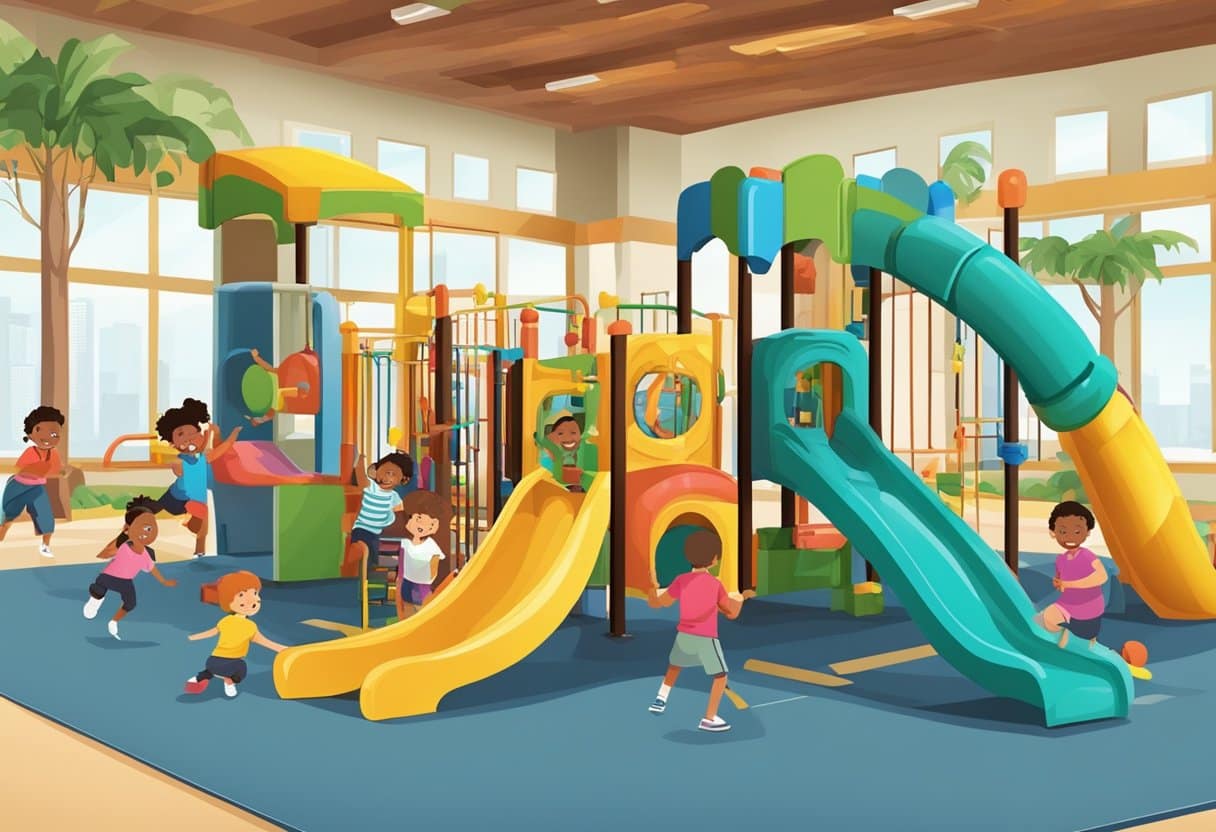 Children laughing and playing while exercising in a colorful gym with jungle gym, slides, and fun equipment