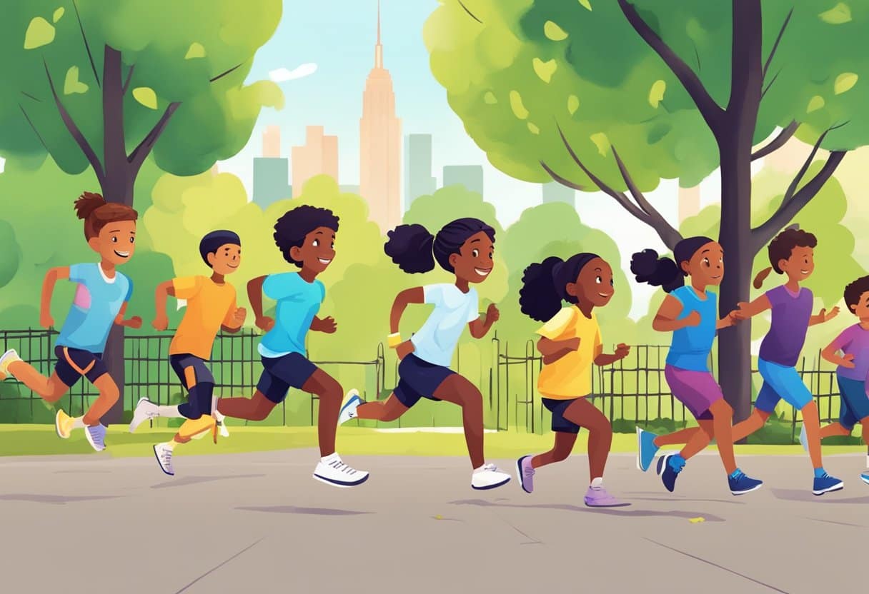 A group of active kids engage in outdoor activities with personal trainers in a vibrant New York City park. They run, jump, and play while learning about nutrition and healthy lifestyle choices